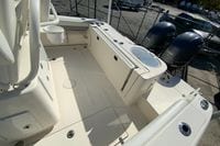 2019 Cobia 262 Center Console boat interior with dual outboard engines.
