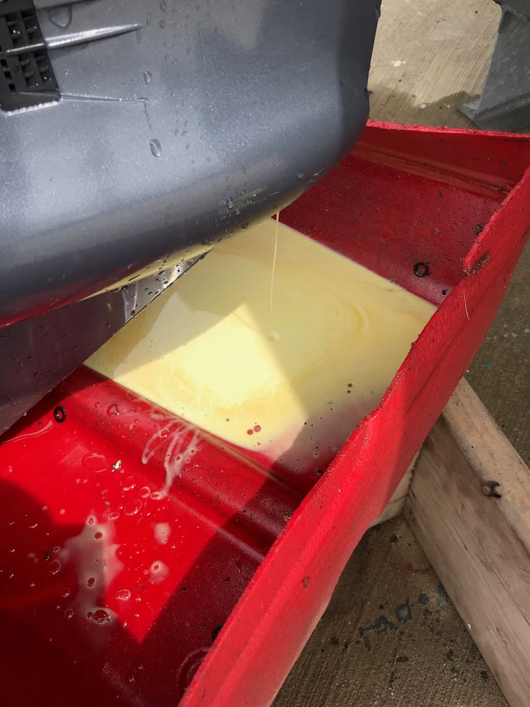 Milky gear oil draining out of a Yamaha lower unit into a pan