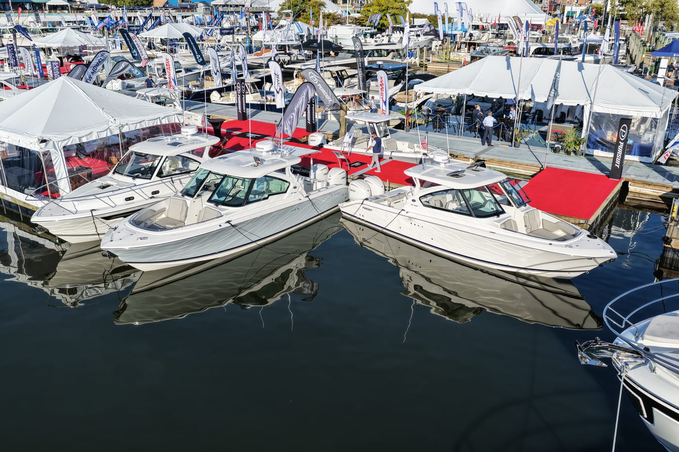 RT 113's display at the Annapolis Powerboat Show — boats along the red carpet dock