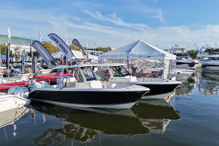 Pursuit boats on the docks at the Annapolis Powerboat Show