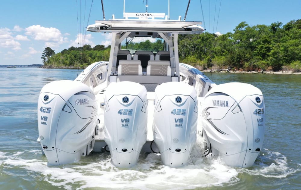 Four Yamaha XTO 425 V8 outboards on the transom of a center console